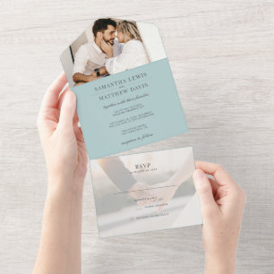 Invitation Tout En Un Elégant verre de mer Dusty Blue Couple Mariage pho