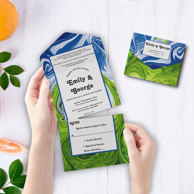 Invitation Tout En Un Elégant Vert bleu ciel paysage Mariage Abstrait (Créateur téléchargé)