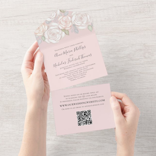 Invitation Tout En Un Elégant vert moderne Aquarelle Floral QR Code (Déchirure)