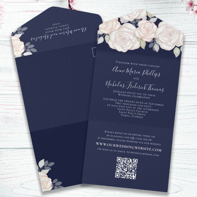 Invitation Tout En Un Elégant vert moderne Aquarelle Floral QR Code (Créateur téléchargé)