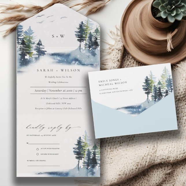 Invitation Tout En Un Élégant Vert Pine Bleu Bois Mariage des oiseaux fo (Créateur téléchargé)