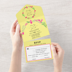 Invitation Tout En Un Élégant vert rose floral clair Mer jaune RSVP