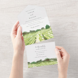 Invitation Tout En Un Elégant Vert Watercolor Winery Vignoble Mariage