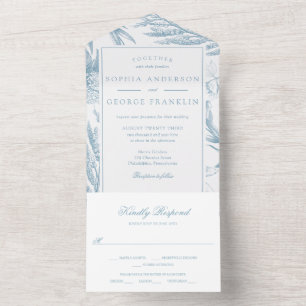 Invitation Tout En Un Elégant Vintage Botanique Dusty Bleu
