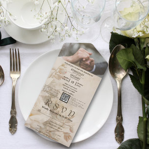 Invitation Tout En Un Élégant Vintage Floral Blanc Rose QR Code