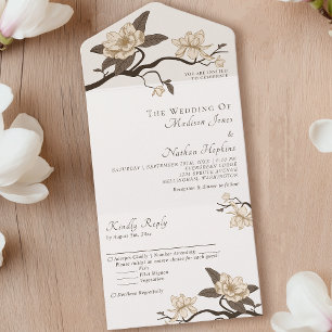 Invitation Tout En Un Élégant Vintage minimal Crème Magnolia Mariage