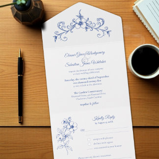 Invitation Tout En Un Elégant Vintage Romance Dusty Blue Floral Mariage