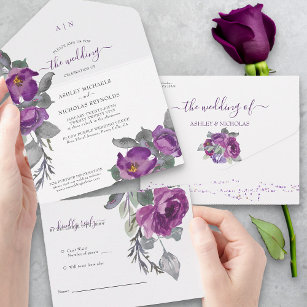 Invitation Tout En Un Élégant violet Mariage d'aquarelle