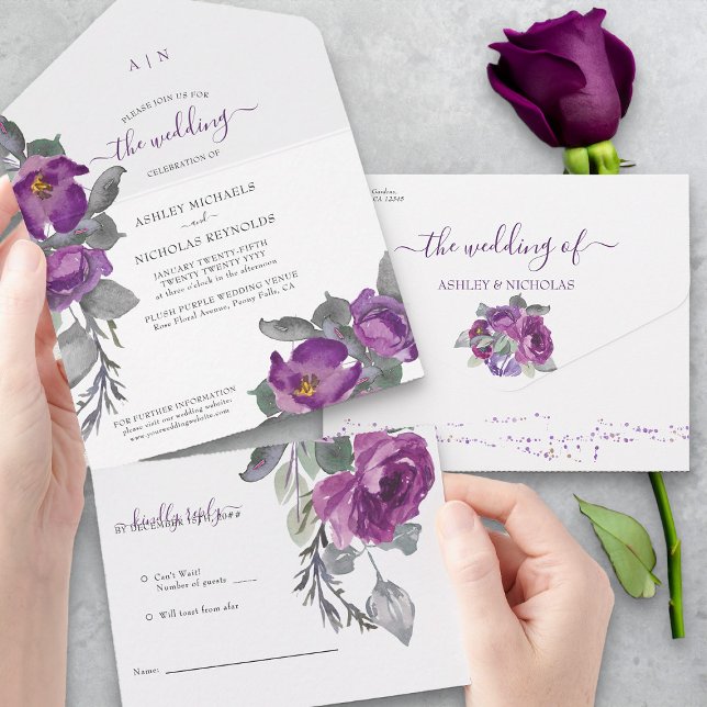 Invitation Tout En Un Élégant violet Mariage d'aquarelle (All in One Wedding Invitation with tear-off RSVP from my Plush Purple Wedding Collection)