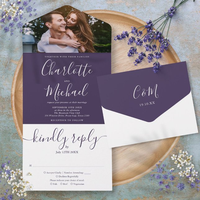 Invitation Tout En Un Élégant violet moderne Script Mariage photo (Elegant Purple Modern Script Photo Wedding All In One Invitation)