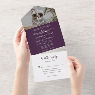Invitation Tout En Un Élégant Violet Monogramme Photo Rsvp Mariage