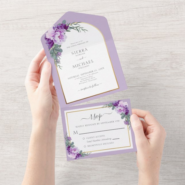 Invitation Tout En Un Elégant violet or Floral Foliage Mariage Arch (Déchirure)