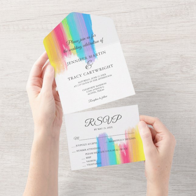 Invitation Tout En Un Elégante Aquarelle arc-en-ciel LGBTQ Mariage & RSV (Déchirure)
