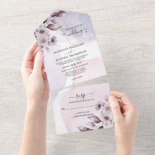 Invitation Tout En Un Elégante aquarelle blanc violet feuille Mariage