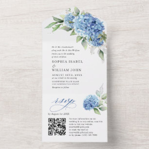 Invitation Tout En Un Elégante aquarelle bleu Hydrangea Mariage floral