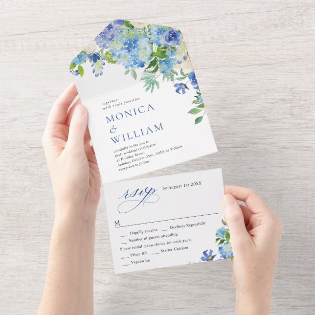 Invitation Tout En Un Elégante aquarelle bleu Hydrangea Mariage floral (Déchirure)