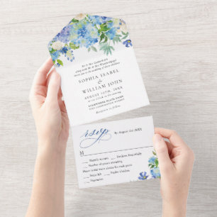 Invitation Tout En Un Elégante aquarelle bleu Hydrangea Mariage floral