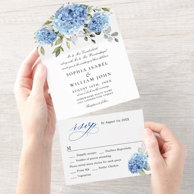 Invitation Tout En Un Elégante aquarelle bleu Hydrangea Mariage floral (Créateur téléchargé)