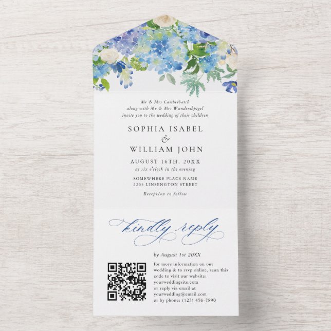 Invitation Tout En Un Elégante aquarelle bleu Hydrangea Mariage floral (À l'intérieur)