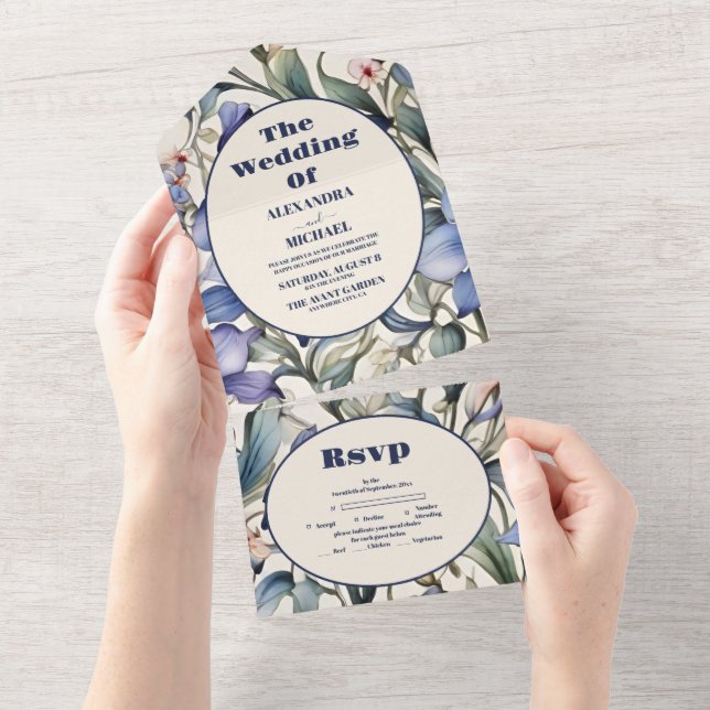 Invitation Tout En Un Elégante aquarelle bleu Mariage floral (Déchirure)