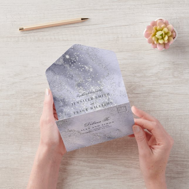 Invitation Tout En Un Elégante aquarelle bleu Parties scintillant argent (Vidéo)