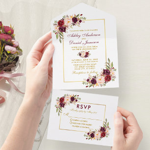 Invitation Tout En Un Elégante aquarelle Bourgogne Floral Mariage Gold