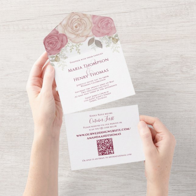 Invitation Tout En Un Elégante aquarelle Bourgogne Floral QR Code photo (Déchirure)