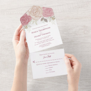 Invitation Tout En Un Elégante Aquarelle Bourgogne Florale Rose Or