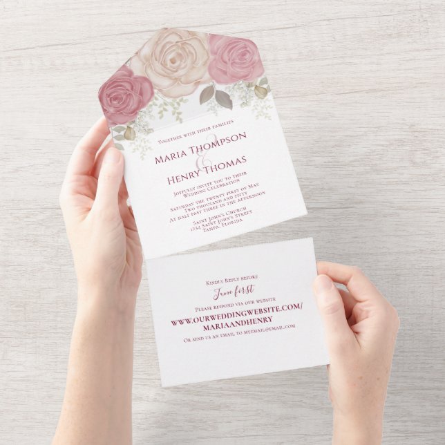 Invitation Tout En Un Elégante Aquarelle Bourgogne Florale Rose Or (Déchirure)