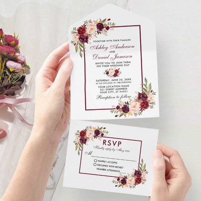 Invitation Tout En Un Elégante aquarelle Bourgogne Mariage floral (All In One Wedding Invitation with tear off RSVP Card.)