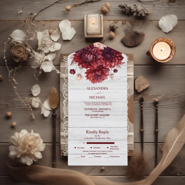 Invitation Tout En Un Elégante aquarelle Burgundy Dahlia Mariage (Créateur téléchargé)
