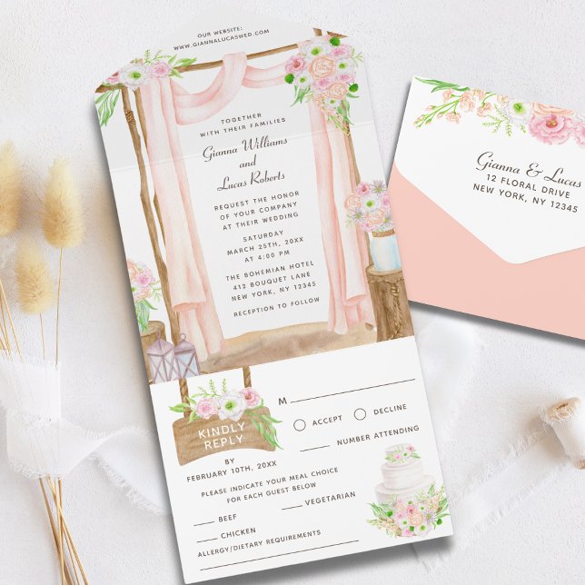 Invitation Tout En Un Elégante aquarelle extérieure rose Mariage floral (Créateur téléchargé)