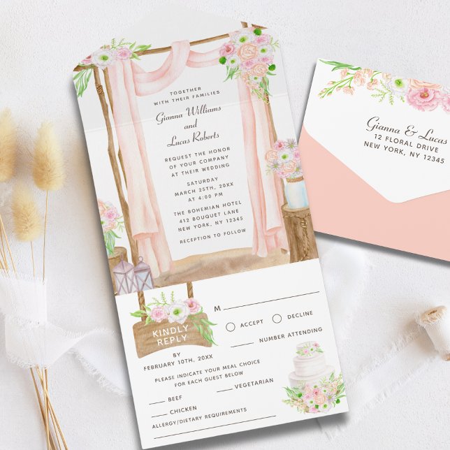 Invitation Tout En Un Elégante aquarelle extérieure rose Mariage floral (Créateur téléchargé)