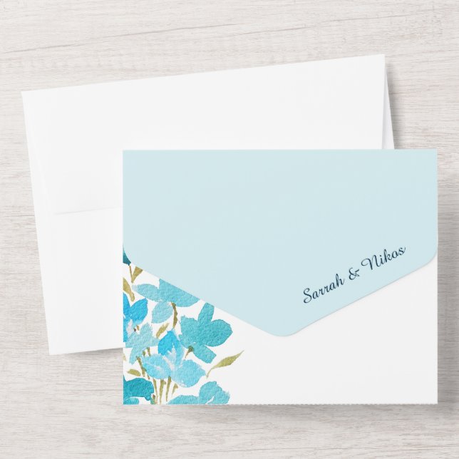 Invitation Tout En Un Elégante Aquarelle Fleur sauvage Tons De Bleu (Verso)