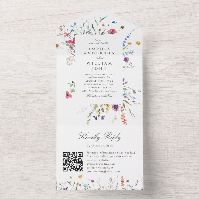Invitation Tout En Un Elégante aquarelle Fleurs sauvages Mariage floral (À l'intérieur)