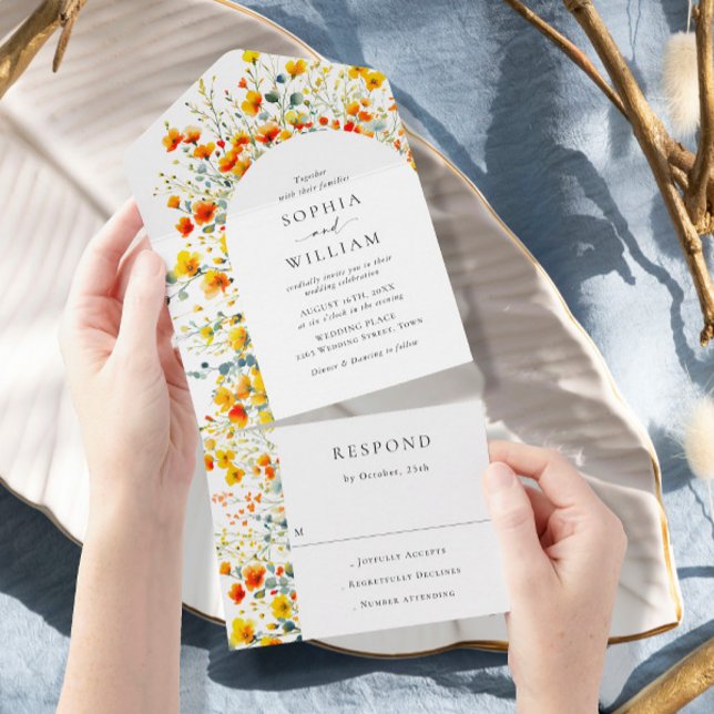 Invitation Tout En Un Elégante aquarelle Fleurs sauvages Mariage floral (Créateur téléchargé)