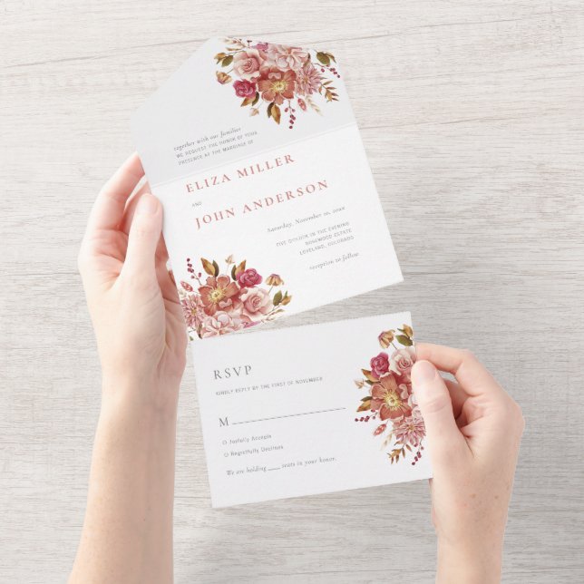 Invitation Tout En Un Elégante aquarelle Floral Bouquet Mariage (Déchirure)