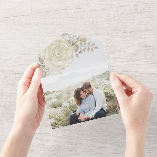 Invitation Tout En Un Elégante aquarelle Floral Ivory Folid Photo (Ouverture)