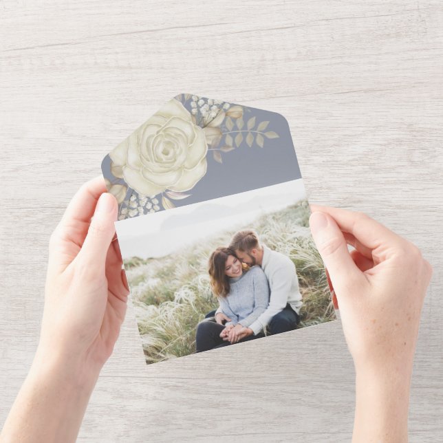 Invitation Tout En Un Elégante aquarelle Floral Ivory Folid Photo (Ouverture)