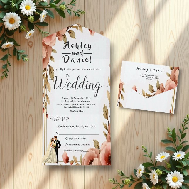 Invitation Tout En Un Elégante aquarelle Floral Romantique Couple Mariag (Créateur téléchargé)