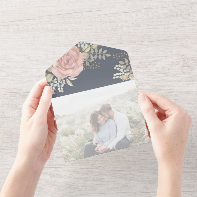 Invitation Tout En Un Elégante aquarelle Floral Rose Gold QR Code photo (Ouverture)