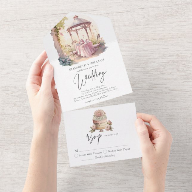 Invitation Tout En Un Elégante aquarelle Jardin Mariage Rsvp (Déchirure)