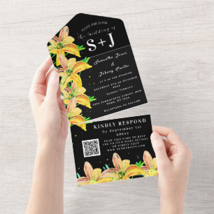 Invitation Tout En Un Elégante aquarelle Lys jaunes Mariage floral RSVP