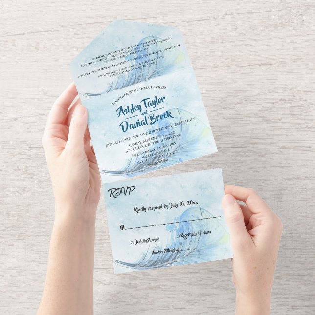Invitation Tout En Un Elégante aquarelle marine bleu rustique Mariage mo (Déchirure)