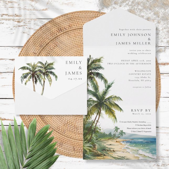 Invitation Tout En Un Elégante aquarelle moderne Mariage de plage tropic (Modern Elegant Watercolor Tropical Beach Wedding All In One Invitation)
