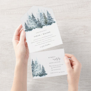 Invitation Tout En Un Elégante aquarelle neige hiver Mariage de pin