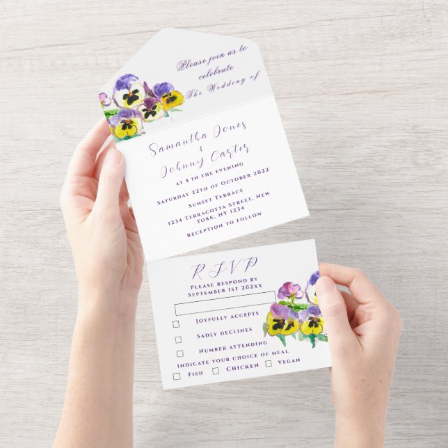 Invitation Tout En Un Elégante aquarelle Pansies Mariage Floral (Déchirure)