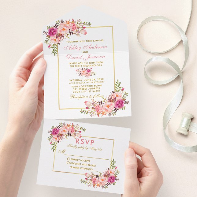 Invitation Tout En Un Elégante Aquarelle rose Blush Or Floral (All In One Wedding Invitation with tear off RSVP Card)