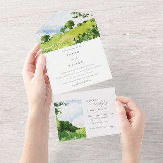 Invitation Tout En Un Elégante Aquarelle verte Campagne Hills Mariage