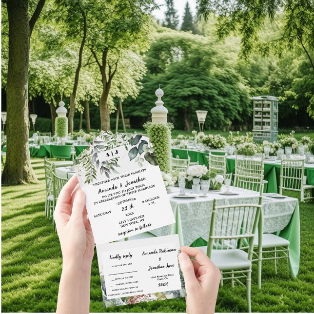 Invitation Tout En Un Elégante aquarelle verte Feuille Mariage (Créateur téléchargé)